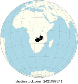 Zambia presented at the center of the orthographic projection of the world map, has rich wildlife and majestic Victoria Falls in Southern Africa.