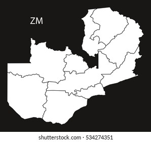 Zambia provinces Map black and white illustration