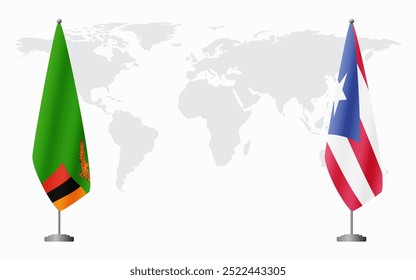 Zambia and Puerto Rico flags for official meeting against background of world map.