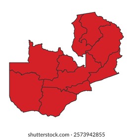 Zambia red map with border of regions outline vector