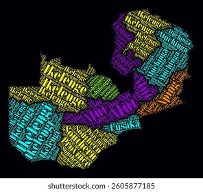 Zambia Regions Word Clouds. Bright neon style design on a dark background. Region names of the country in the English language. Country shape with administrative division. Trending vector illustration.
