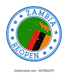 Zambia Reopening Stamp. Round badge of country with flag of Zambia. Reopening after lock-down sign. Vector illustration.