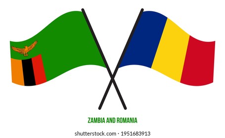 Zambia and Romania Flags Crossed And Waving Flat Style. Official Proportion. Correct Colors.
