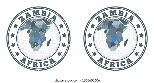Zambia round logos. Circular badges of country with map of Zambia in world context. Plain and textured country stamps. Vector illustration.
