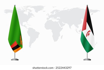 Banderas de Zambia y la República Árabe Saharaui Democrática para la reunión oficial con el fondo del mapa mundial.