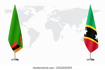 Zambia and Saint Kitts and Nevis flags for official meeting against background of world map.