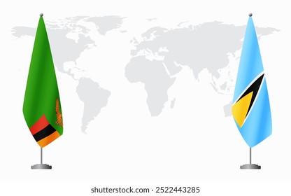 Zambia and Saint Lucia flags for official meeting against background of world map.