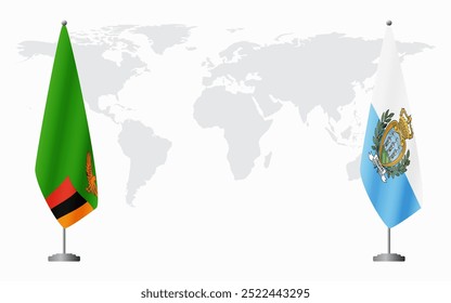 Bandeiras da Zâmbia e de São Marino para reunião oficial em segundo plano do mapa do mundo.