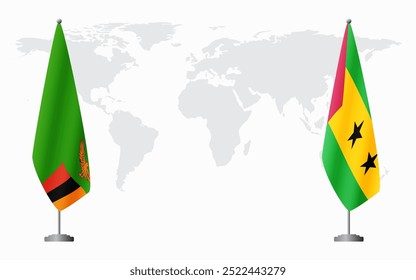 Bandeiras da Zâmbia e de São Tomé e Príncipe para reunião oficial ao fundo do mapa do mundo.