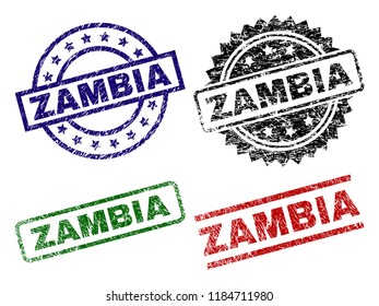 ZAMBIA seal prints with damaged style. Black, green,red,blue vector rubber prints of ZAMBIA caption with unclean style. Rubber seals with circle, rectangle, medal shapes.