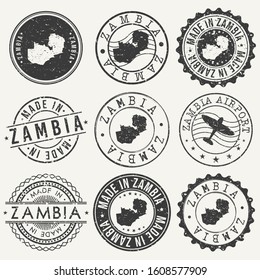 Zambia Set of Stamps. Travel Stamp. Made In Product. Design Seals Old Style Insignia.
