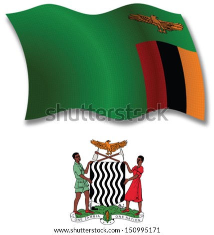zambia shadowed textured wavy flag and coat of arms against white background, vector art illustration, image contains transparency transparency