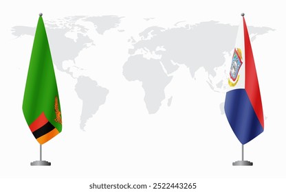Zambia and Sint Maarten flags for official meeting against background of world map.