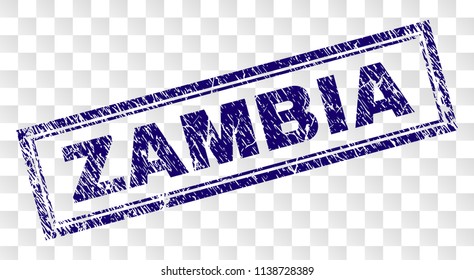 ZAMBIA stamp seal imprint with rubber print style and double framed rectangle shape. Stamp is placed on a transparent background. Blue vector rubber print of ZAMBIA label with retro texture.