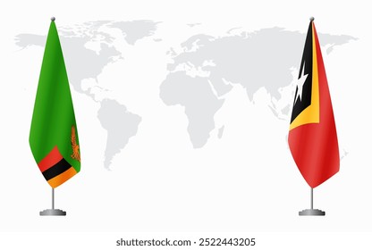 Bandeiras da Zâmbia e de Timor-Leste para reunião oficial contra fundo do mapa do mundo.