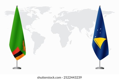 Zambia and Tokelau flags for official meeting against background of world map.