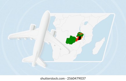 Zambia Travel Illustration with Plane and National Flag. Ideal for travel agencies, promotional materials, or geographic content related to Zambia.