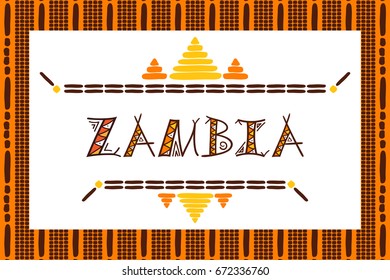 Zambia travel vector banner. Tribal tourist illustration. Typography background design for souvenir card, sticker, label, magnet, postcard, stamp, fashion t-shirt print or poster. 