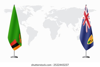 Bandeiras da Zâmbia e Turcos e Caicos para reunião oficial contra o fundo do mapa do mundo.
