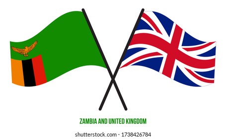 Zambia and United Kingdom Flags Crossed And Waving Flat Style. Official Proportion. Correct Colors.