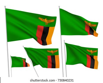 Zambia vector flags set. 5 wavy 3D cloth pennants fluttering on the wind. EPS 8 created using gradient meshes isolated on white background. Five fabric flagstaff design elements from world collection