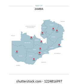 Zambia vector map. Editable template with regions, cities, red pins and blue surface on white background. 