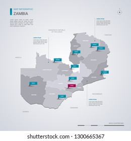 Zambia vector map with infographic elements, pointer marks. Editable template with regions, cities and capital Lusaka. 