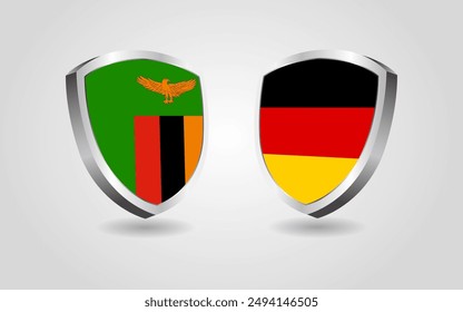 Zambia vs Germany flag shields on a white background, Football soccer championship competition vector illustration