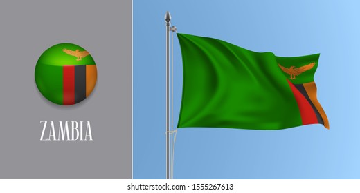 Zambia waving flag on flagpole and round icon vector illustration. Realistic 3d mockup with design of Zambian flag and circle button 