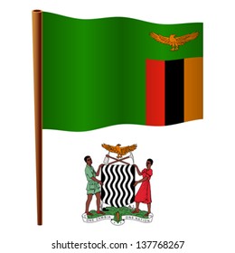 zambia wavy flag and coat of arm against white background, vector art illustration, image contains transparency