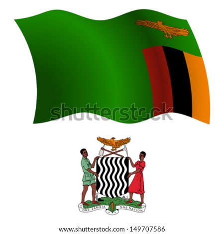 zambia wavy flag and coat of arm against white background, vector art illustration, image contains transparency