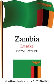 zambia wavy flag and coordinates against white background, vector art illustration, image contains transparency