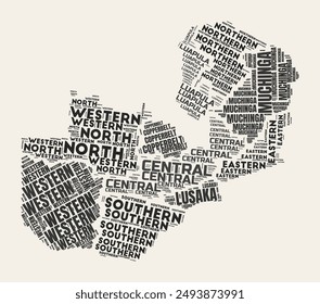 Zambia Word Cloud. Country with regions division. Zambia typographic text clouds vector image design. Vintage gazette style country shape image. Amazing vector illustration.