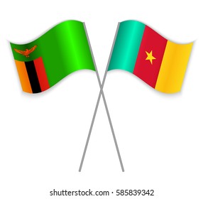 Zambian and Cameroonian crossed flags. Zambia combined with Cameroon isolated on white. Language learning, international business or travel concept.