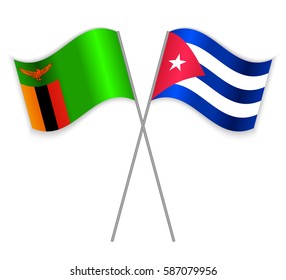 Zambian and Cuban crossed flags. Zambia combined with Cuba isolated on white. Language learning, international business or travel concept.