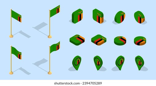 Zambian flag (Republic of Zambia). 3D isometric flag set icon. Editable vector for banner, poster, presentation, infographic, website, apps, maps, and other uses.