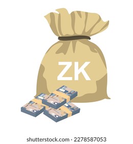Zambian Kwacha Vector Illustration. Zimbabwe money set bundle banknotes. Money bag 50000 ZMW. Flat style. Isolated on white background. Simple minimal design.