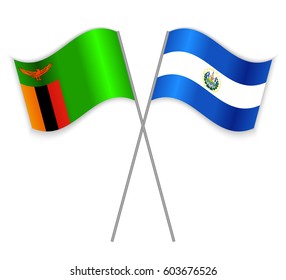 Zambian and Salvadoran crossed flags. Zambia combined with El Salvador isolated on white. Language learning, international business or travel concept.