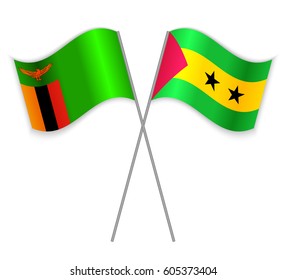 Zambian and Sao Tomean crossed flags. Zambia combined with Sao Tome and Principe isolated on white. Language learning, international business or travel concept.