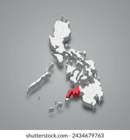 Zamboanga Peninsula region highlighted in red on a grey Philippines 3d map