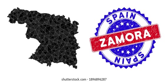 Mapa de malla poligonal de la provincia de Zamora con triángulos rellenos y estampado bicolor aproximado. Mapa de la provincia de Zamora en mosaico triangular con modelo de vector de malla, triángulos con tamaños y posiciones aleatorias,