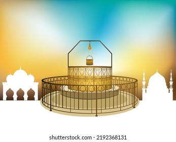 The Zamzam Well, Is The Holy Water For Muslims In Saudi Arabia. Vector Illustration With Sky And Mosque Background