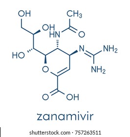 Zanamivir influenza virus treatment drug molecule. Skeletal formula.
