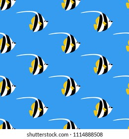 Zanclus cornutus fish seamless pattern on the blue background. Vector illustration