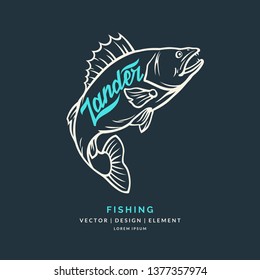 Zander fish jumping out of the water. Black and white silhouette emblem on the background. Modern hand drawn lettering phrase. Iinscription for layout and template. Vector illustration