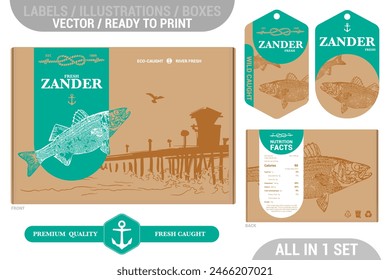 Zander river fish Premium quality package design set featuring modern hand drawn illustrations and labels set. River fish in old cartoon style