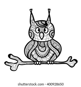 Zantangle owl handmade isolated vector on a white background for your design. Collection of animals.Coloring page for adults