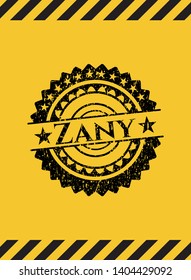 Zany black grunge emblem inside yellow warning sign. Vector Illustration. Detailed.