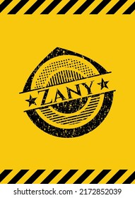 Zany black grunge emblem inside yellow warning sign. Vector Illustration. Detailed. 