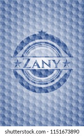 Zany blue emblem or badge with abstract geometric pattern background.